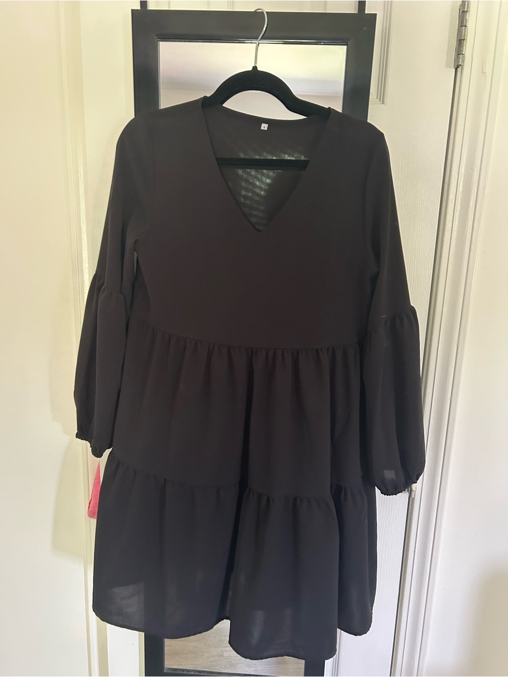 Black V-Neck Tiered Long Sleeve Women's Dress